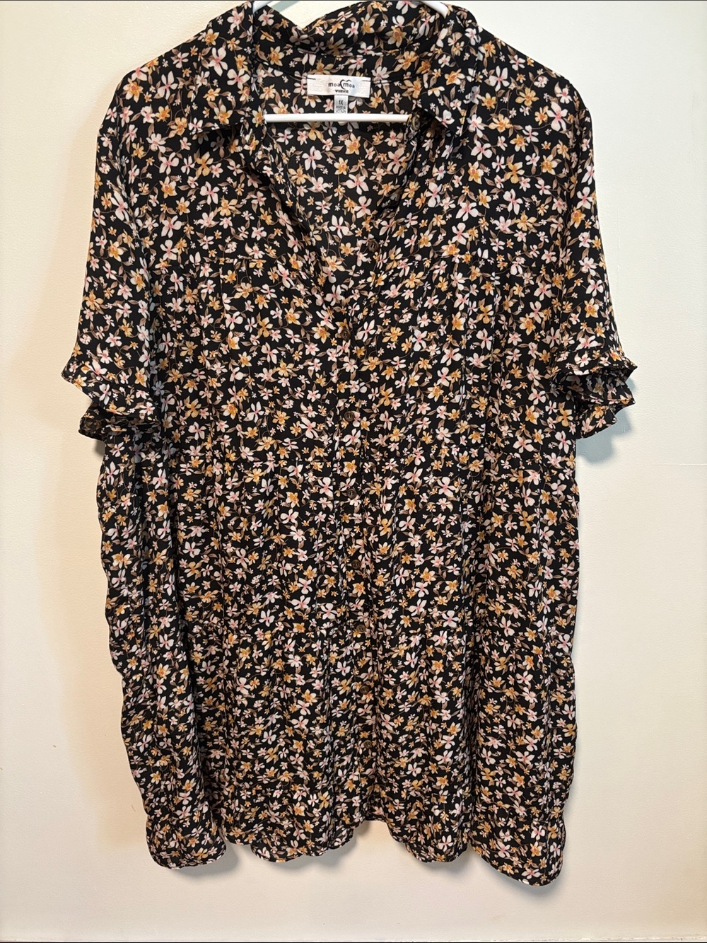 Moa Moa Black Floral Button-Front Tunic with Pink and Yellow Blossoms